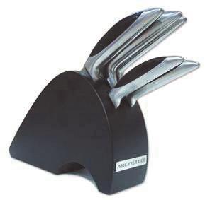 Cutlery - Knife Block Sets Item# 2929 6 Piece Knife Set 18/10 stainless steel blades and sculptured stainless handles with black phenolic inserts.
