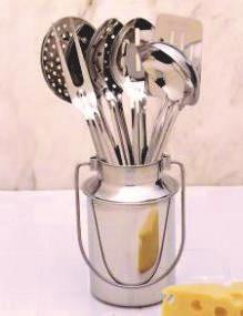 Tools / Utensils Item# 1528P 8 Piece Stainless Steel Kitchen Utensil Set Includes: ladle, perforated spoon, spatula, skimmer, two-tine fork, slotted spoon and