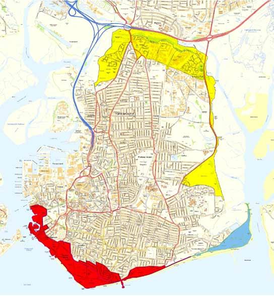 Figure 2.1: Flood Cell 1: Southsea (shown in Red) and Flood Cell 4: North Portsea (shown in Yellow). The blue zone is included to inform potential future beach management activities.