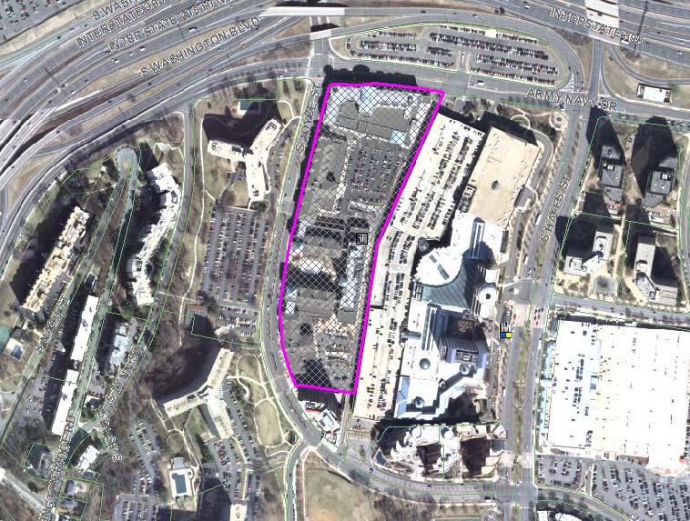 To the north: To the west: To the east: To the south: Across Army Navy Drive are surface parking lots that are part of the Pentagon Reservation, zoned S-3A and designated Government and Community