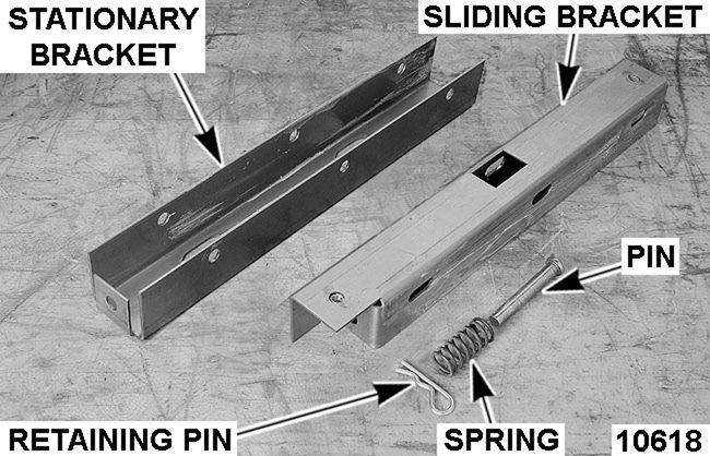 Insert spring pin into bottom of sliding bracket. A. Place spring over spring pin. 3. Assemble sliding bracket into stationary bracket. 4.