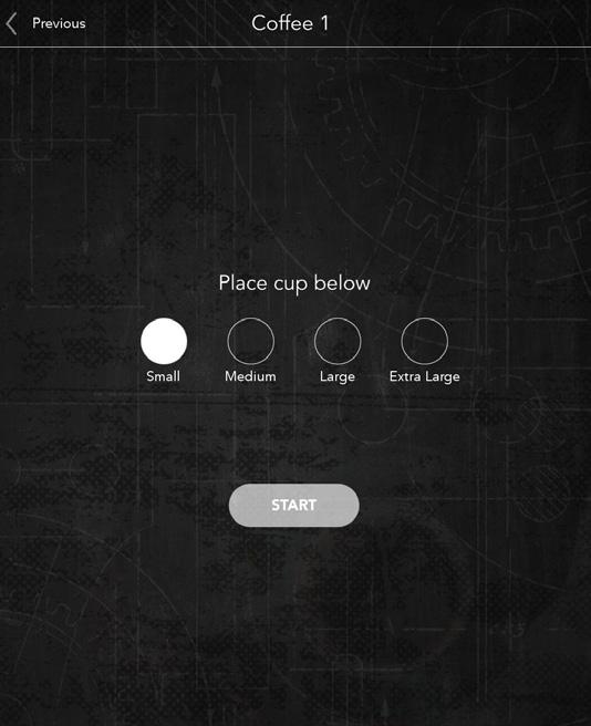 OPERATING INTERFACE (continued) 4. From the "COFFEE" screen, the user is prompted to make a size selection. The user is offered up to 4 cup sizes, plus optional carafe.