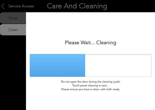SERVICE ACCESS (Care and Cleaning continued) 2. The machine will begin the cleaning cycle - hot water will be added to the cleaning tablet, disolving it for use as a cleaning agent.