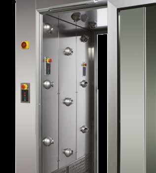 The dirty side lock automatically releases in case of power cut loss or when the Emergency Stop button is pushed Emergency Stop buttons inside and outside the Air Shower, on both sides,
