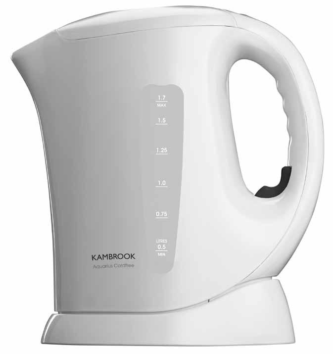 Your Kambrook Aquarius Cordfree 1.7L Kettle 1. Hinged lid opens for easy filling and cleaning 2. Illuminated ON light indicates power on when boiling 3. On/Off boil switch with automatic cut off 4.