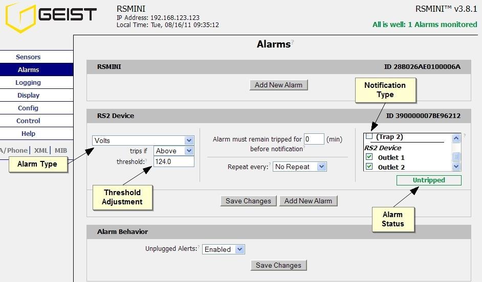 Alarms Page The host unit s Alarms page allows the user to establish alarm conditions for each sensor reading. Alarm conditions can be established with either high or low trip thresholds.