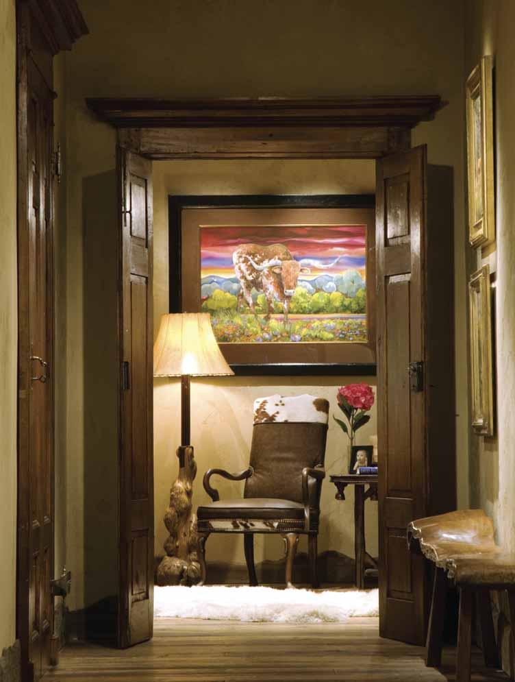 THIS PAGE: Homeowners and art lovers Tom and Marilyn Waggoner commissioned the painting of a longhorn steer from artist Nancy Cawdrey of Big Fork.