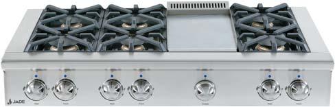 Three 12,500-BTU sealed burners 18,000-BTU steel griddle Thermostatically-controlled griddle Stainless steel griddle