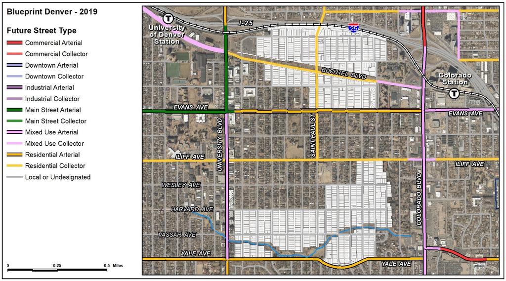 Page Street Types The majority of streets within the proposed rezoning area are classified in Blueprint Denver as undesignated or local streets, which are most often characterized by residential uses
