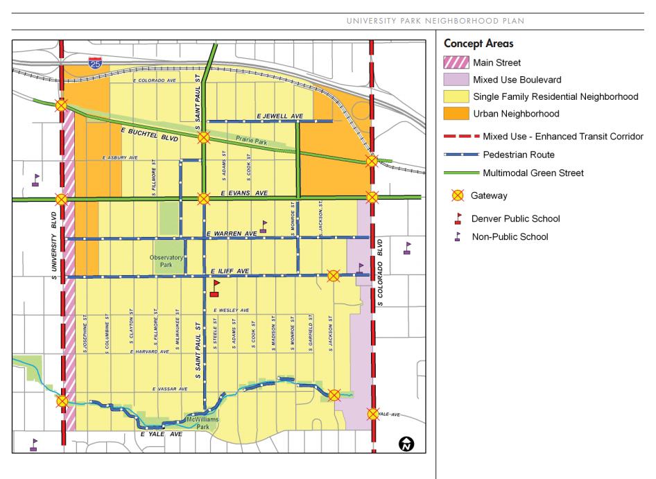 The entire area included in the proposed rezoning is shown on this map as Single Family Residential Neighborhood, as shown below (rezoning area boundaries, shown in red, are approximate): University