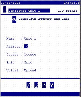 Address and Init The last icon brings up the ClimaTECH Address and Init screen: 1.) Enter a name for the unit being controlled. 2.) Assign a unique addressfor the ClimaTECH controller, from 1 to 99.