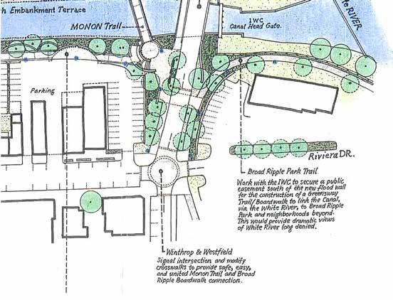 An Indy Greenways version of the off-street path has been proposed to follow a route from Evanston Avenue, across the north edge of Ripple Park, and along the south bank of the White River into
