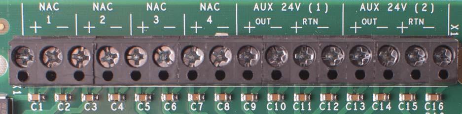 Section 5: Main Back Board (S722) NAC and AUX 24V Terminals NAC terminals 1 to 4 provide 24 VDC @ 2.5 A. In the default state, these circuits can be connected as four Class B supervised outputs.