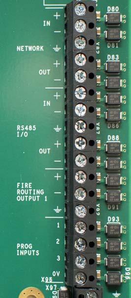 Network, RS-485 I/O, Fire Routing Output 1, and Prog Input The following figure illustrates Network, RS-485 I/O, Fire Routing Output 1, and Prog Input of the Main Back Board: Field Terminals NETWORK