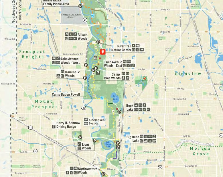West Fork of the North Branch of the Chicago River through the Techny Basin developments in Glenview and Northbrook, 2) a pathway through downtown Glenview and Metra commuter rail right-of-way, and