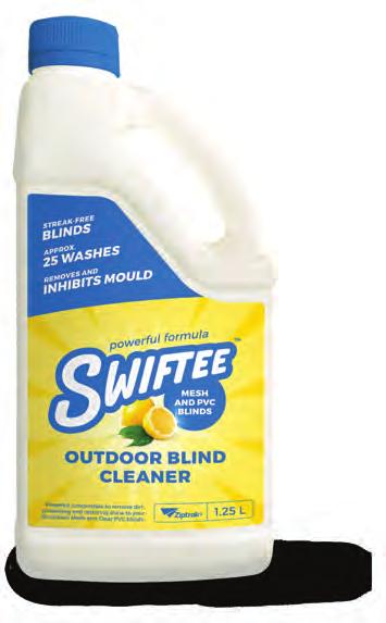 RESTORES Swiftee shines and restores clarity to Clear PVC blinds, thoroughly cleans your Sunscreen Mesh, and leaves your blinds looking like new.