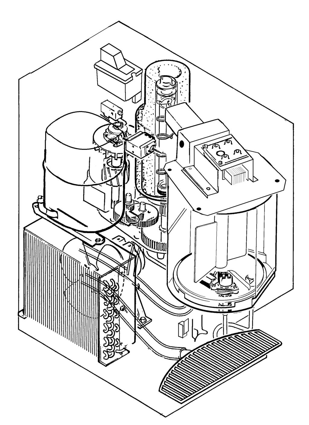 Component Location & Function Evaporator. This is a vertical cylinder full of water and refrigerated. Also in the cylinder is a slowly rotating auger.