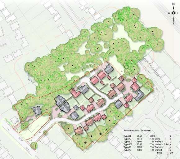 Proposed development Details have been submitted for the reserved matters of appearance, layout, scale and landscaping for 20 detached dwellings, pursuant to outline planning permission ref.
