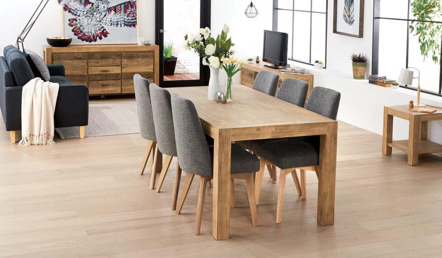 DINING SETTING 1599 VOLTA 7pc dining setting. Modern concrete tabletop with acacia timber frame and chairs in grey fabric.