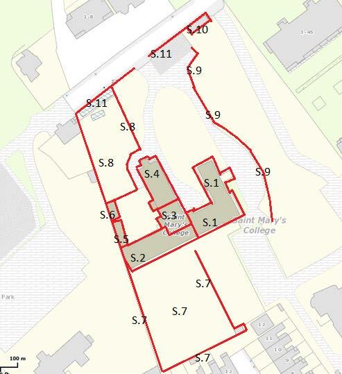 Annotated Map Showing Recorded Structures: Structure 1: W.H. Byrne-designed red brick L-plan wing, dated 1888 Structure 2: Cement-rendered accommodation block, built c.