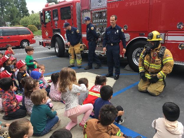 Crew and Specialist Milton Neira provided a life and fire safety program and engine visit to students at South Coast Metro Children s Village in Santa Ana.