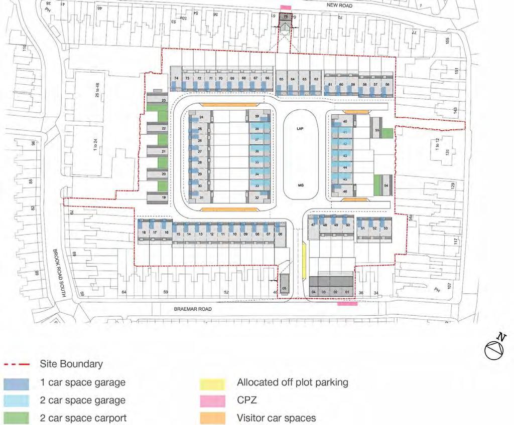 We anticipate that three of the proposed houses will be able to apply for a residents parking permit, however we will be creating two to four additional parking spaces on Braemar Road due to the