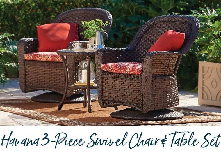 11 Our swivel chair and table set features full wrapped aprons with detailed textured weaving; the table has a tapered design with a glass insert