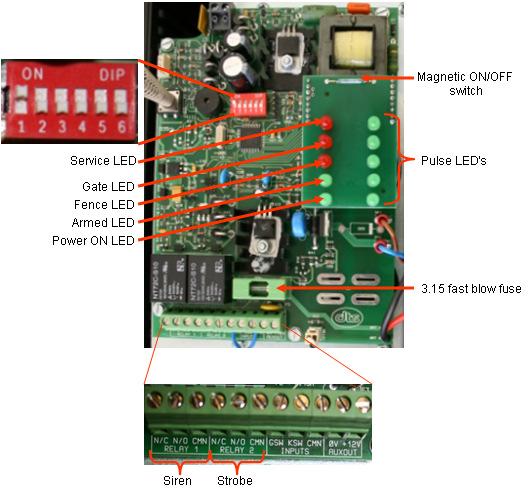 Process Control Board (PCB Dipswitch selection Dipswitch 1 - ON, Override tamper alarm switch. Dipswitch 1 - OFF, Normal run mode. Dipswitch 2 - ON, Strobe light will stay on when energizer is armed.