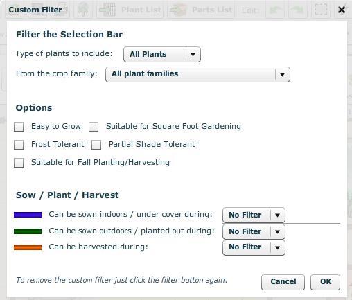 P a g e 25 CHOOSING PLANTS USING THE SELECTION BAR FILTER Click the Filter button at the top left of the Selection Bar to have the Garden Planner help you select plants that match your requirements.