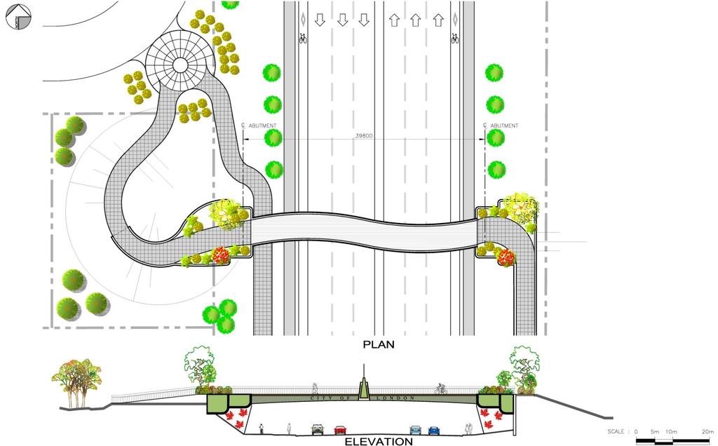 14. Gateway Features Design Theme 1: The Forest City The approaches to the structure would be vegetated with indigenous forest species. LED lighting could be integrated to simulate flowing water.