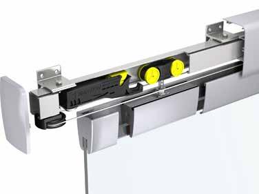 Synchronised straight sliding system for double glass door of 8-10 or 12 mm thickness, combining refined design with smooth rolling.