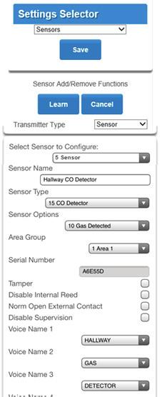 Learn the TX -6310-01 -1 CO Detector to the Côr Panel S Go to Settings and select Sensors from the dropdown menu under Settings Selector S Select Sensor to Configure for the next available slot i.e.