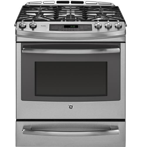Model#: P2S920SEFSS GE Profile Series 30" Dual Fuel Slide-In Front Control Range with Warming Drawer Approx Dimensions (HxDxW): 39 in X 29 3/8 in X 30 in Fit Guarantee - Replace your old 30