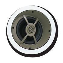 LCR Ceiling Speakers C1030 One LCR ceiling speaker with woofer and midrange/tweeter bridge fixed at a 15 angle.