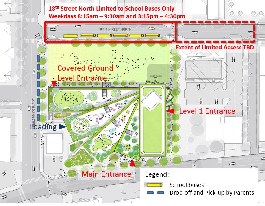 arriving and departing on school buses, 18 th Street North is proposed to be limited to school bus traffic only during morning arrival and afternoon dismissal.