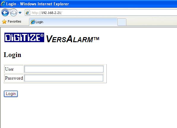Setting up the System 4.2.4 Login into VersAlarm Bd. Run Internet Explorer, then enter 192.168.2.21, then press Enter.