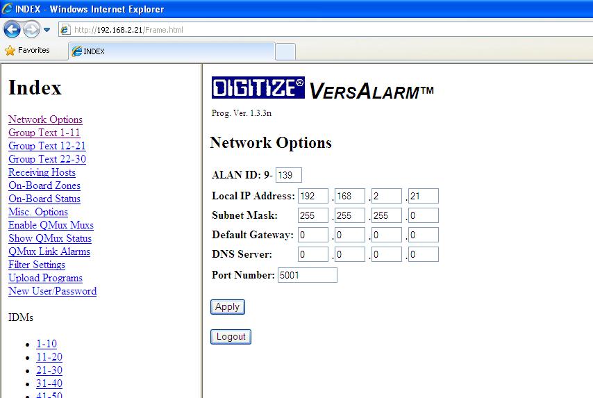 Figure 4-2, VersAlarm Login Screen The screen should now open up with the Index in the left column and the Network Options on the Main Screen as shown below.