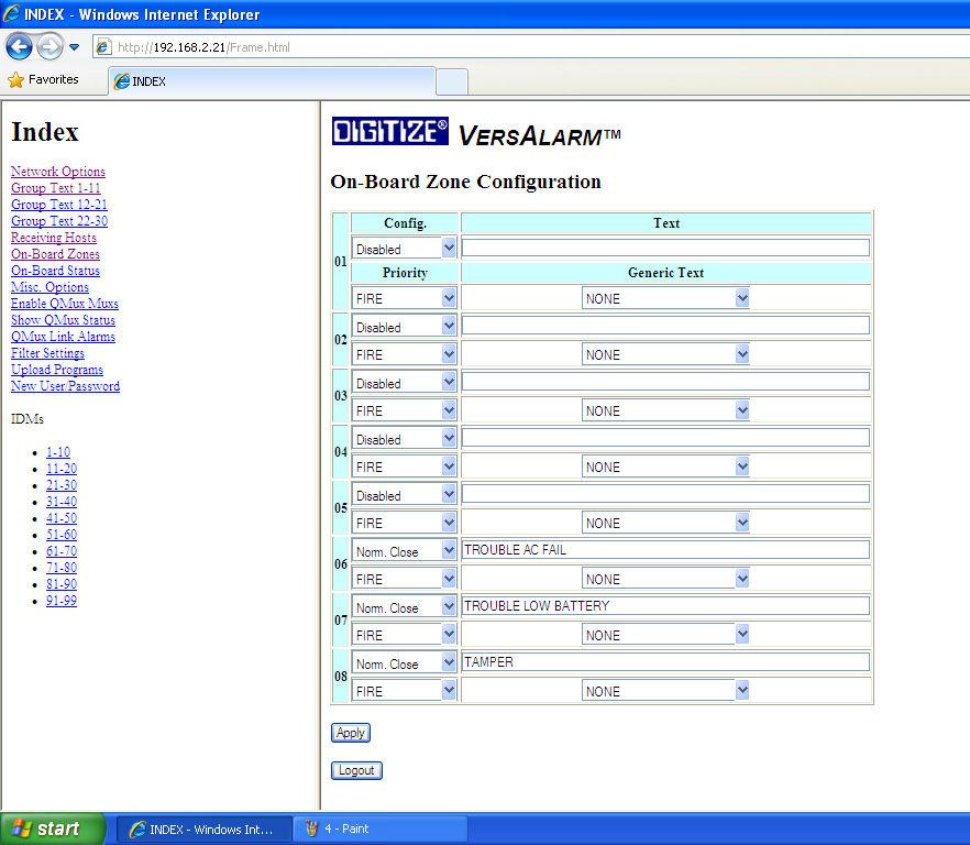 Setting up the System 4.2.8 On Board Zone Configurations This page pertains to the 8 zones located on the VersAlarm board.