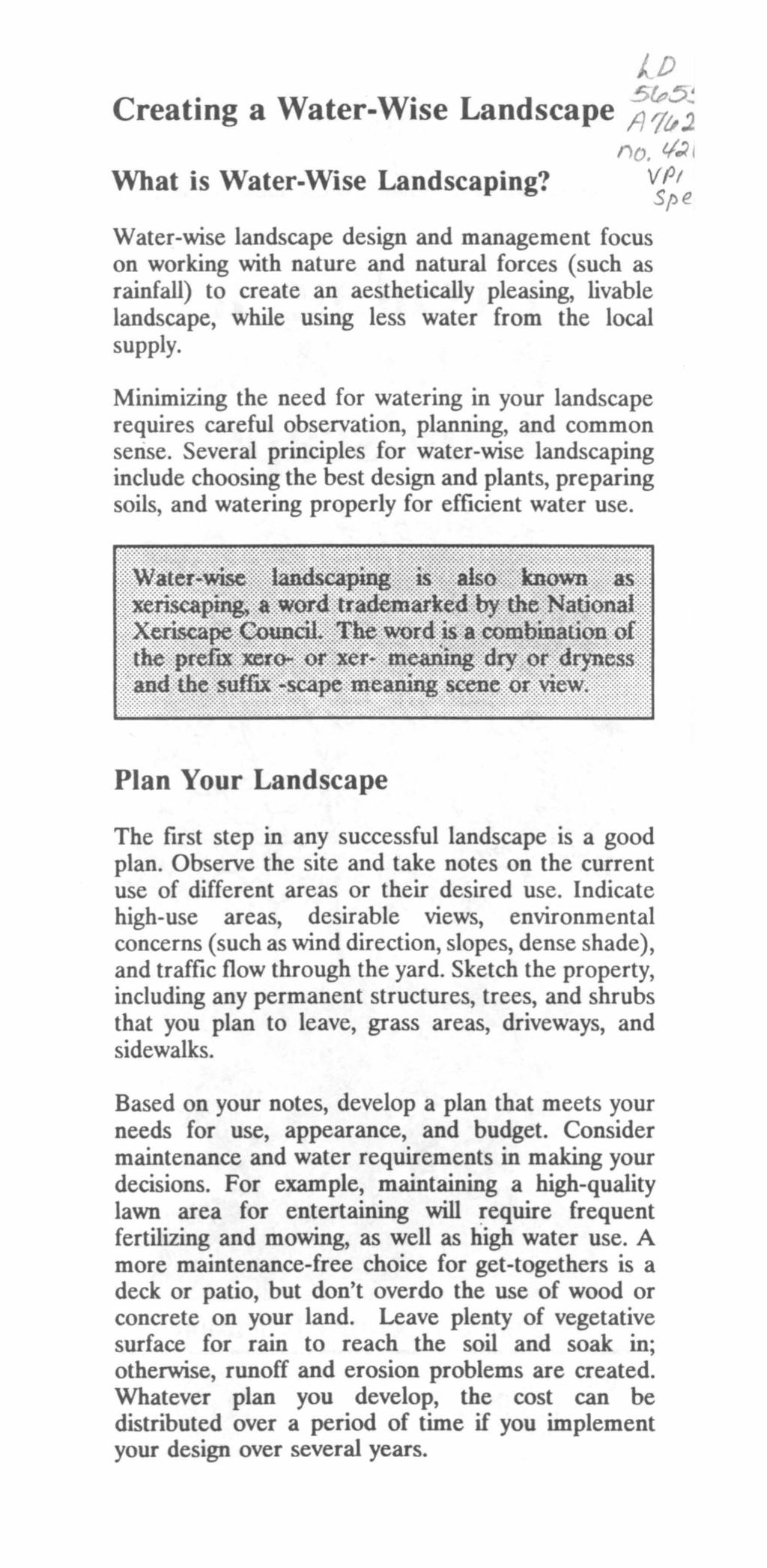 lo Creating a Water-Wise Landscape ~~;j What is Water-Wise Landscaping? no.