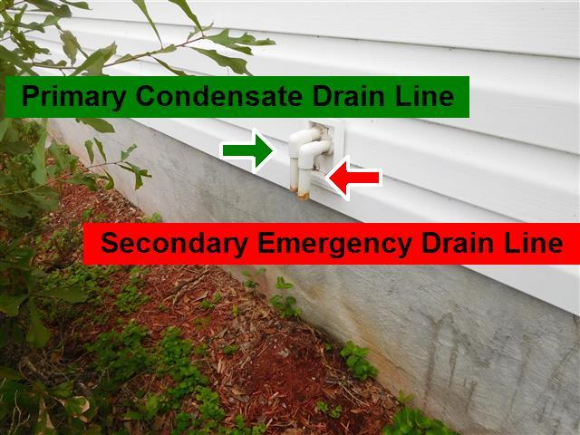 Primary and secondary HVAC condensate lines exit the home in the same area. The primary condensate line should discharge water during normal use of the HVAC system.