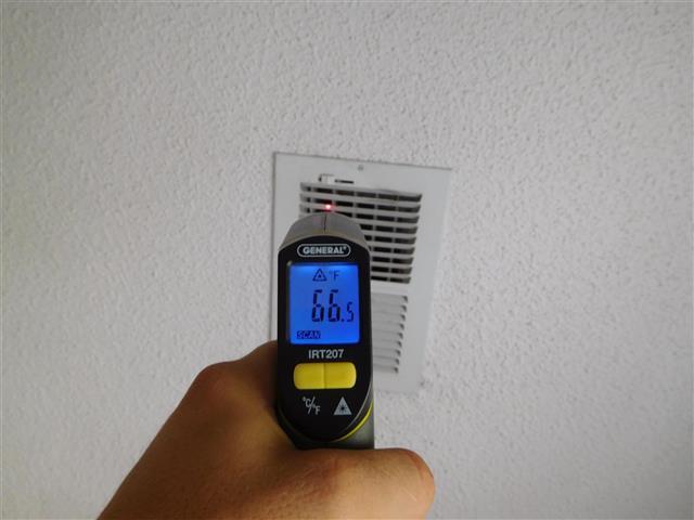 temperatures of the supply and return air are a minimum of 14 degrees which indicates the unit is cooling as intended. The supply read 66 degrees and the return read 80 degrees.
