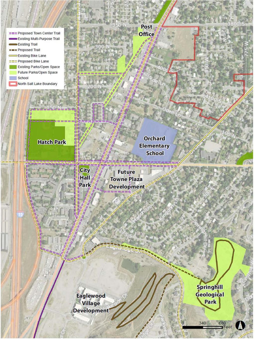 Open Space, Trail, Bike Path and Pedestrian Mobility Plan in the Town Center Trails connect from the Bonneville Shoreline Trail west to the Legacy Nature