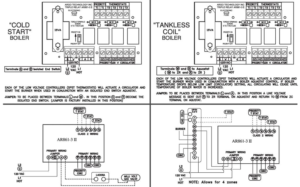 AR861-2II & AR861-3II APPLICATIONS! WARNING! AR relays will not work properly if 120 VAC polarity is not the same at the 120 VAC L and N terminals on both the AR control and the boiler aquastat.