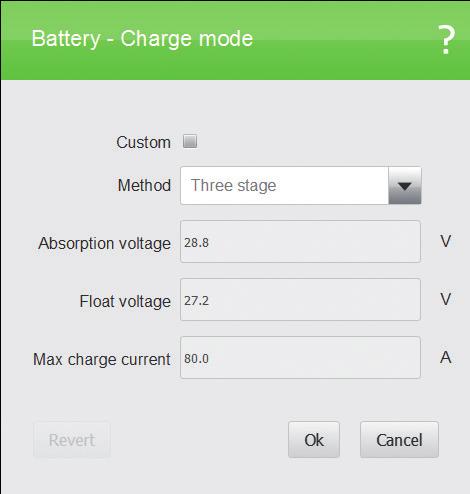 Charge mode The three-stage charging mode is the default setting and is recommended for most operations.