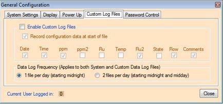 3.9.4 - General Configuration (Custom Log Files) The Custom Log Files dialog box allows users to choose whether to write a custom log file in addition to the standard OIW data file and to choose the