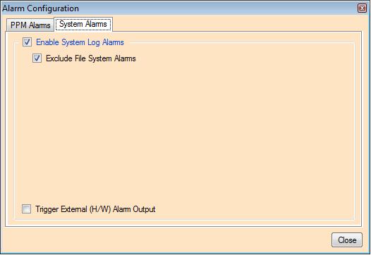 3.11.2 - System Alarms The options available for users to change are as follows: Figure 27: System Alarms dialog box Enable System Log Alarms Exclude File System Alarms Trigger External (H/W) Alarm