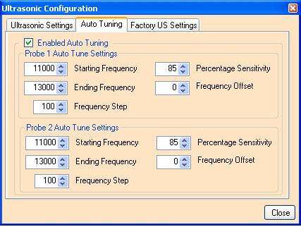 3.13.2 - Auto Tuning This dialog box allows additional parameters to be set-up for the Ultrasonic cleaning system.