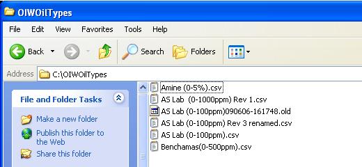 Figure 33: View of OilType files NOTE: As shown above, each oil type file is a standard Comma Separated Values (CSV) file, but neither the file name