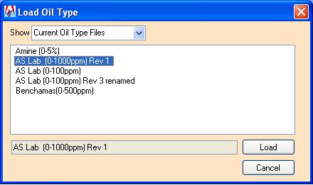 : Figure 34: Admin View showing Oil Type button Click on the Oil Type button then the Load Oil Type File button on the Oil Settings dialog box and list