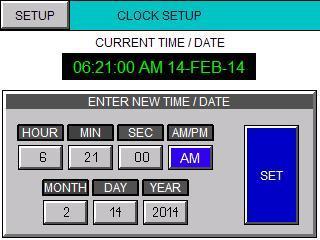 SECTION 4.5: SET CLOCK Use the buttons to adjust the time and date. Then press the SET button to enter the new values into the PLC real time clock.